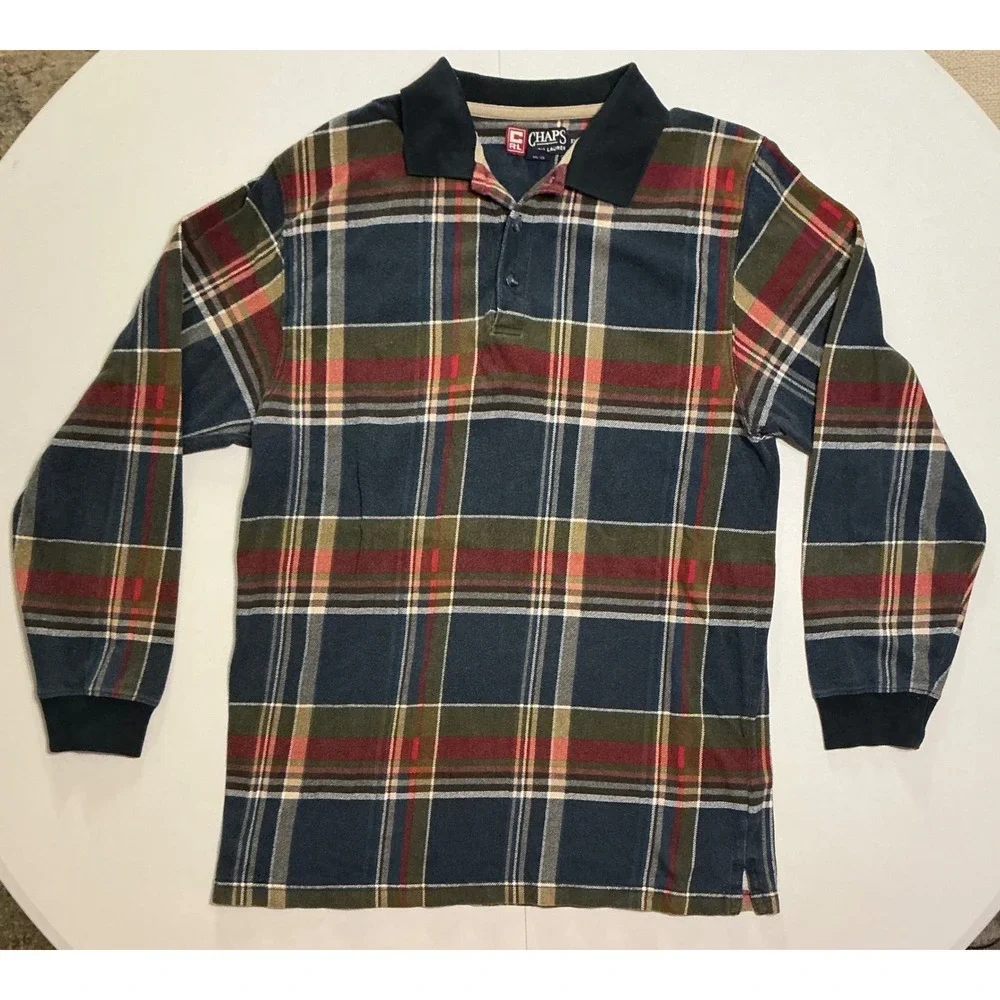 VTG Y2K Chaps Ralph Lauren Plaid Long Sleeve Polo‎ Shirt Mens XL Navy Green 90s